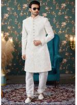 Art Silk Cream Groom Wear Thread Work Readymade Sherwani